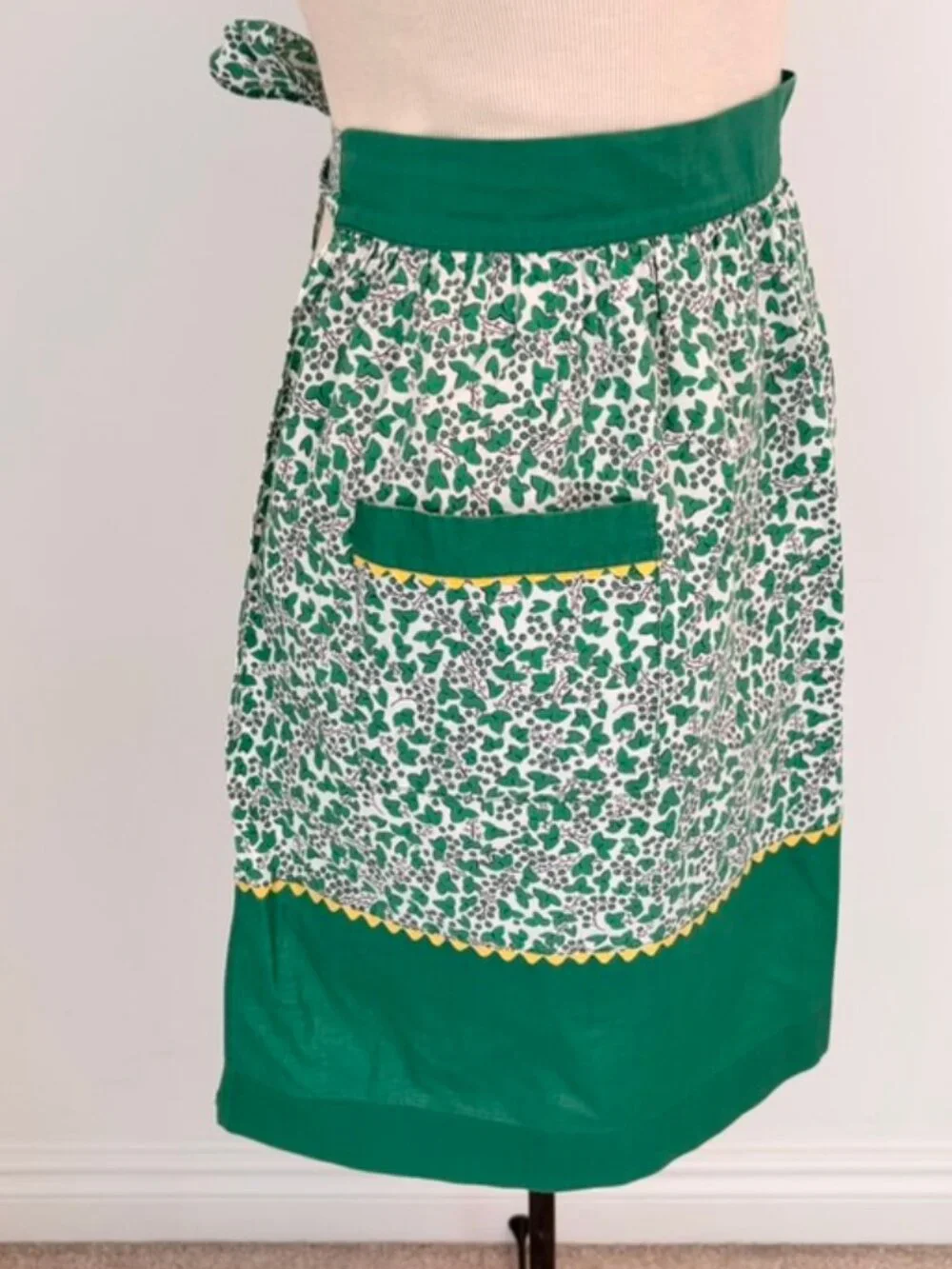 Vintage Green and white floral half apron yellow trim
